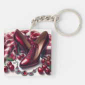 Elegante rote High Heels mit Cherry Schlüsselanhänger (Rückseite)