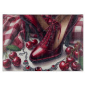 Elegante rote High Heels mit Cherry Schneidebrett (Vorderseite)