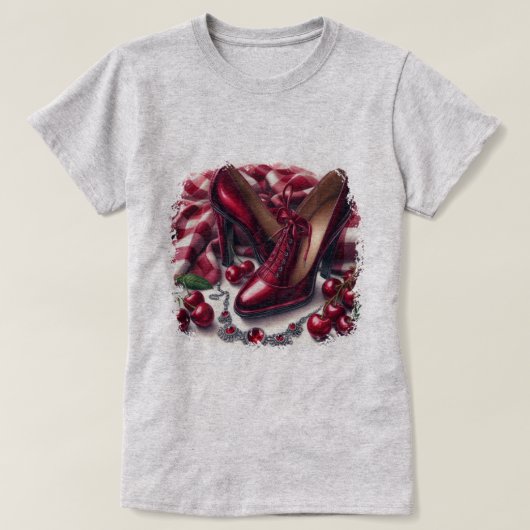 Elegante rote High Heels mit Cherry T-Shirt (Design vorne)