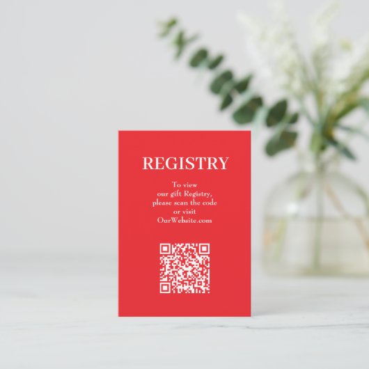 Elegante rote Hochzeitsgeschenkeliste QR-Code Begleitkarte (Stehend Vorderseite)