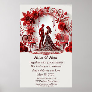 Elegante rote Hochzeitsillustration mit floralem D Poster