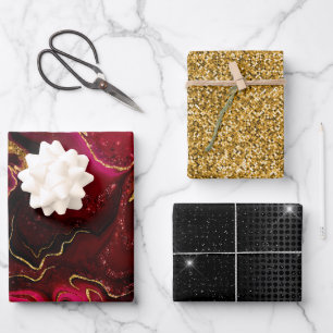 Elegante Rote Imitate Goldkunst Glitzer Marmor Kun Geschenkpapier Set