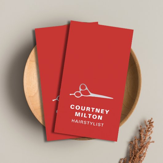 Elegante Rote Imitate Silberschere Haare Stylist Visitenkarte