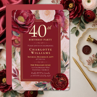 Elegante rote Kamelie Blumen 40. Geburtstag Gold Folieneinladung