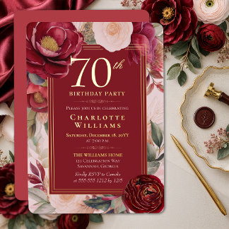 Elegante rote Kamelie Blumen 70. Geburtstag Gold Folieneinladung