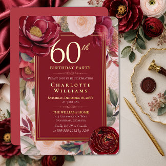 Elegante rote Kamelie Floral 60. Geburtstag Gold Folieneinladung