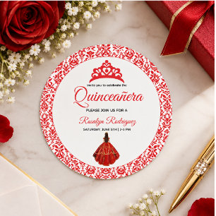 Elegante rote königliche Quinceañera Runder Aufkleber