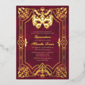 Elegante Rote Masquerade Maske Quinceanera Folieneinladung (Vorderseite)