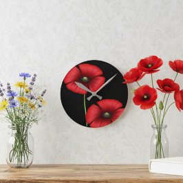 Elegante Rote Mohnblume Blume auf Schwarz Runde Wanduhr