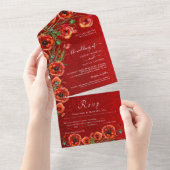 Elegante Rote Mohnblume Romantische Rose Hochzeit All In One Einladung (Abreißen)