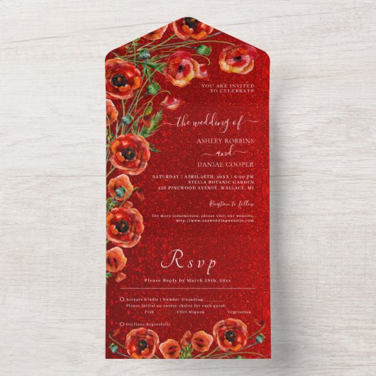 Elegante Rote Mohnblume Romantische Rose Hochzeit All In One Einladung (Innen Boden)