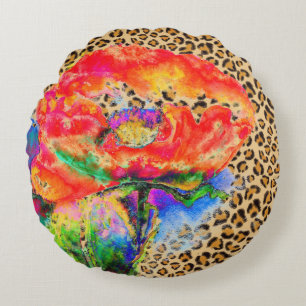 Elegante rote Mohnblume rote floral Leopard Cheeta Rundes Kissen
