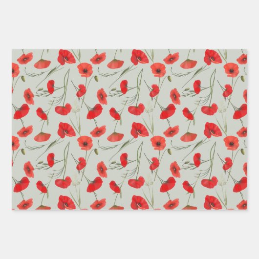 Elegante Rote Mohnblume und grüne Wasserfarbe Geschenkpapier Set (Vorderseite 3)
