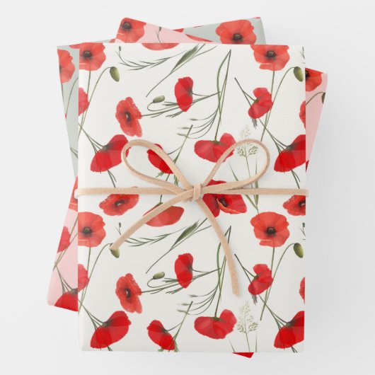 Elegante Rote Mohnblume und grüne Wasserfarbe Geschenkpapier Set (Beispiel)