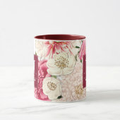 Elegante Rote Monogramm-Wirbel Vintage Blumenmuste Tasse (Zentrum)