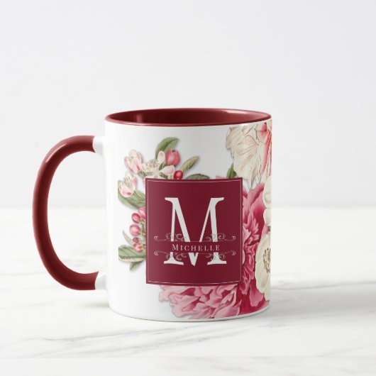Elegante Rote Monogramm-Wirbel Vintage Blumenmuste Tasse (Links)