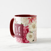 Elegante Rote Monogramm-Wirbel Vintage Blumenmuste Tasse (Vorderseite Links)