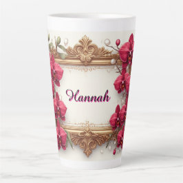 Elegante rote Orchideen-Blumenrahmen mit verzierte Milchtasse
