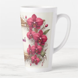 Elegante rote Orchideen-Blumenrahmen mit verzierte Milchtasse