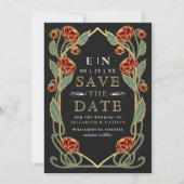 Elegante rote Pfingstrose Art Nouveau Hochzeitsfot Save The Date (Vorderseite)