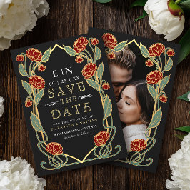 Elegante rote Pfingstrose Art Nouveau Hochzeitsfot Save The Date