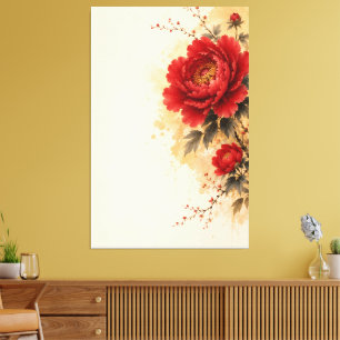 Elegante Rote Pfingstrose Chinesische Tuschemalere Leinwanddruck