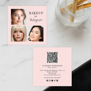 Elegante Röte-Pink-Schwarz-Schrift 3 Foto-Make-up Quadratische Visitenkarte