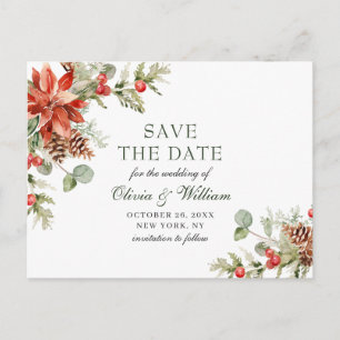 Elegante rote Poinsettie-Kiefer-Hochzeit Merken Si Ankündigungspostkarte