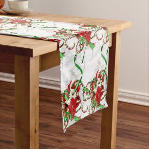 Elegante rote Poinsettien-Zuckerhut und Schneefloc Kurzer Tischläufer