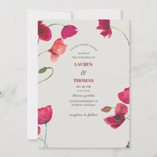 Elegante Rote Poppies Blumenhochzeit Einladung (Vorderseite)