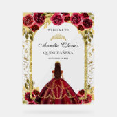 Elegante Rote Prinzessin Floral Quinceañera Geburt Acrylschild (Vorderseite)