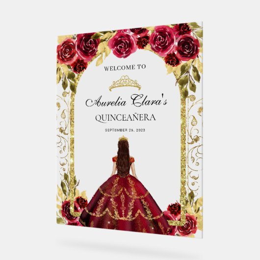Elegante Rote Prinzessin Floral Quinceañera Geburt Acrylschild (Winkel)
