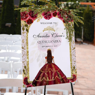 Elegante Rote Prinzessin Floral Quinceañera Geburt Poster