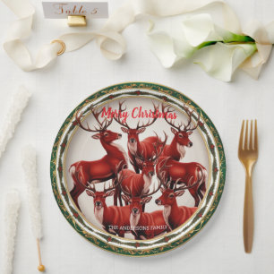 Elegante Rote Rentiere Moose Goldener Schnee frohe Pappteller