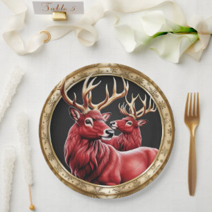 Elegante Rote Rentiere Moose Goldener Schnee frohe Pappteller