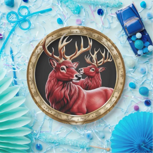 Elegante Rote Rentiere Moose Goldener Schnee frohe Pappteller (Party)