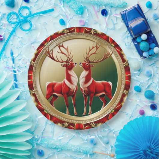 Elegante Rote Rentiere Moose Goldener Schnee frohe Pappteller (Party)