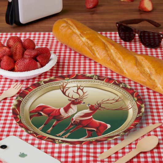 Elegante Rote Rentiere Moose Goldener Schnee frohe Pappteller (Picknick)