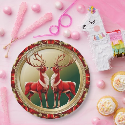 Elegante Rote Rentiere Moose Goldener Schnee frohe Pappteller (Party)