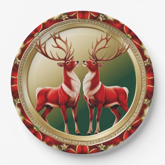 Elegante Rote Rentiere Moose Goldener Schnee frohe Pappteller (Vorderseite)