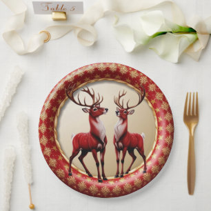 Elegante Rote Rentiere Moose Goldener Schnee frohe Pappteller