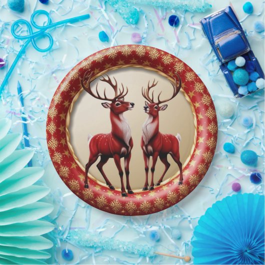 Elegante Rote Rentiere Moose Goldener Schnee frohe Pappteller (Party)