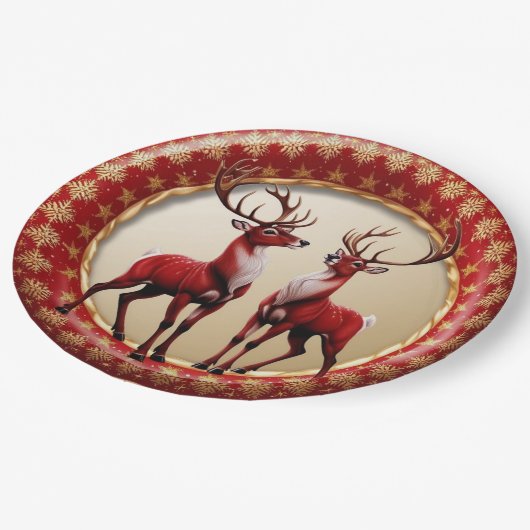 Elegante Rote Rentiere Moose Goldener Schnee frohe Pappteller (Schrägansicht)
