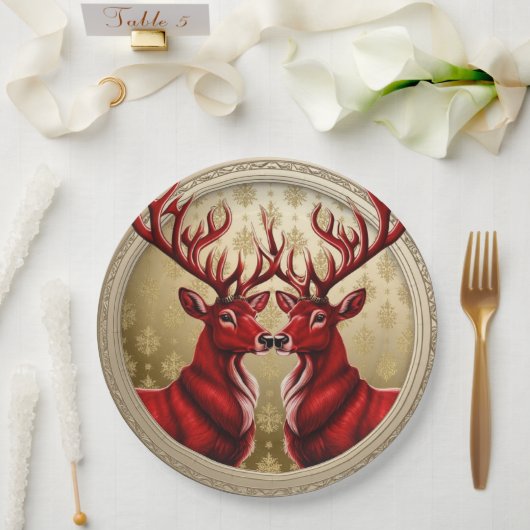 Elegante Rote Rentiere Moose Goldener Schnee frohe Pappteller (Hochzeit)