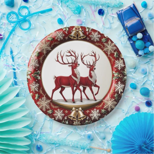 Elegante Rote Rentiere Moose Goldener Schnee frohe Pappteller (Party)