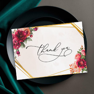Elegante rote rosa Blumen und falsches Gold Hochze Dankeskarte