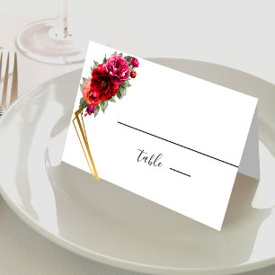 Elegante rote rosa Blumen und falsches Gold Hochze Platzkarte