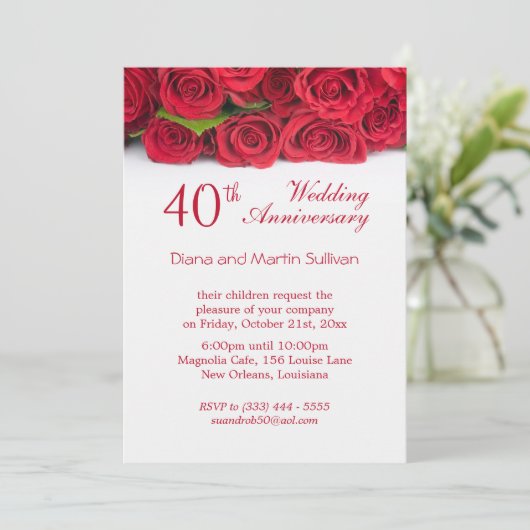 Elegante rote Rose 40. Hochzeitstag Einladung (Stehend Vorderseite)