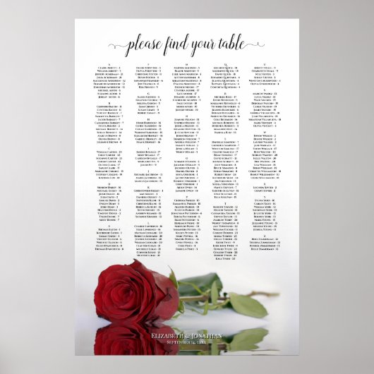 Elegante Rote Rose Alphabetisches Seating Chart Poster (Vorne)