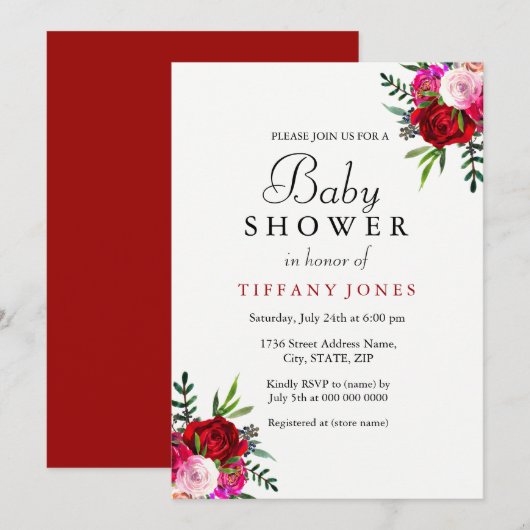 Elegante Rote Rose Baby Dusche Einladung (Vorne/Hinten)